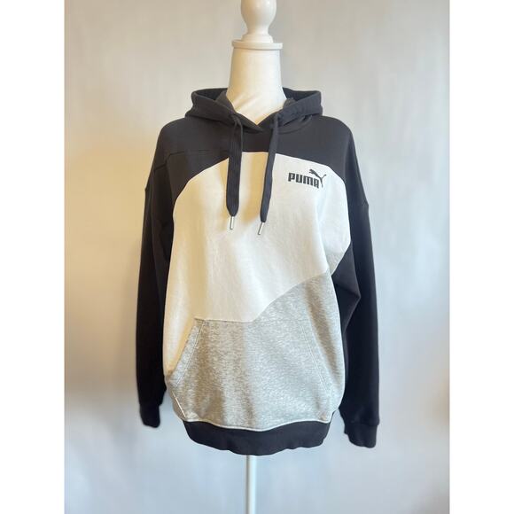 Puma Womens Power Pullover Hoodie Black White Gray Color Block Relaxed Fit - Picture 1 of 11